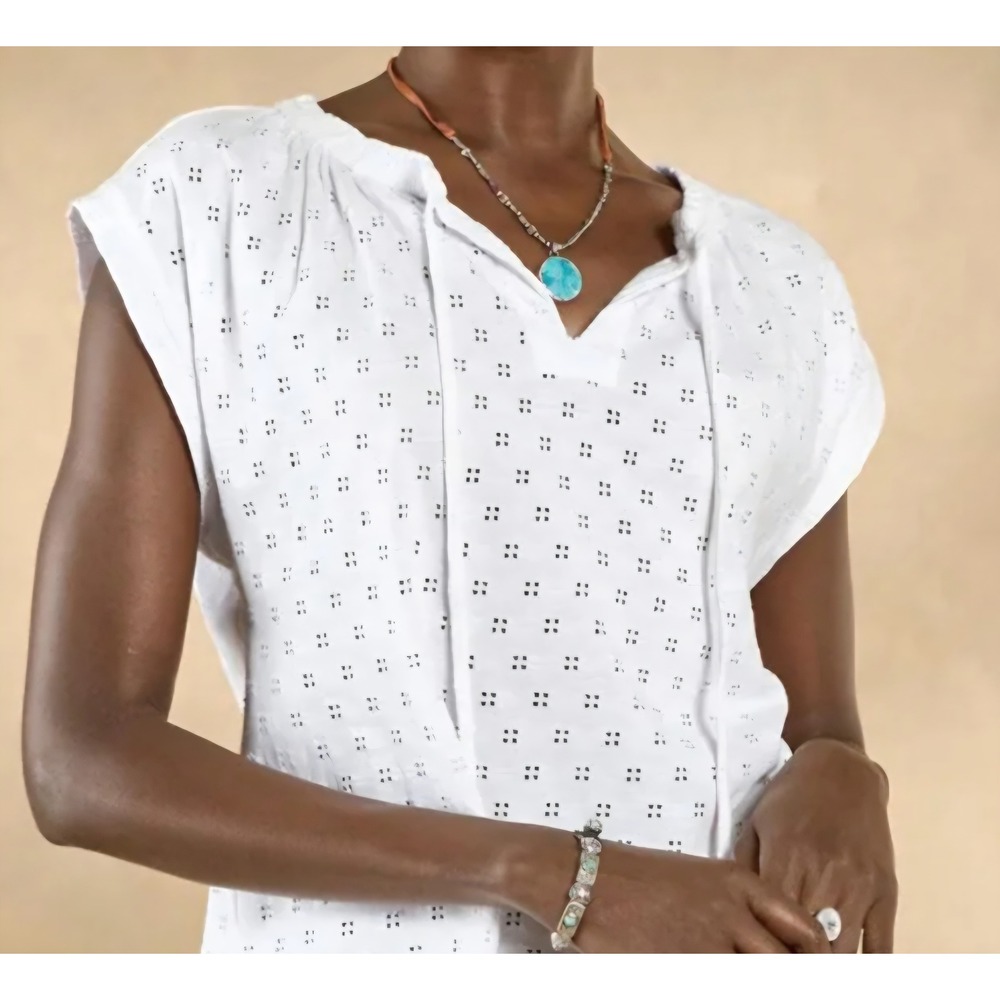 Sundance Dylan Gia Eylet Tee Shirt Top Cap Sleeve Medium White Drawstring V-Neck